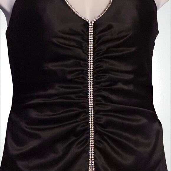 Vintage 80s Jump Apparel Black Halter Prom Gown 11/12 Rhinestone Trim Crinoline - Picture 6 of 16